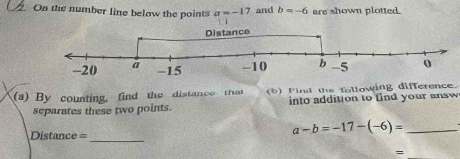 On the number line below the points a=-17 and b=-6 are shown plotted. 

(a) By counting, find the distance that F ind the following difference. 
separates these two points. into addition to find your answ 
_
Distance =
a-b=-17-(-6)= _ 
=