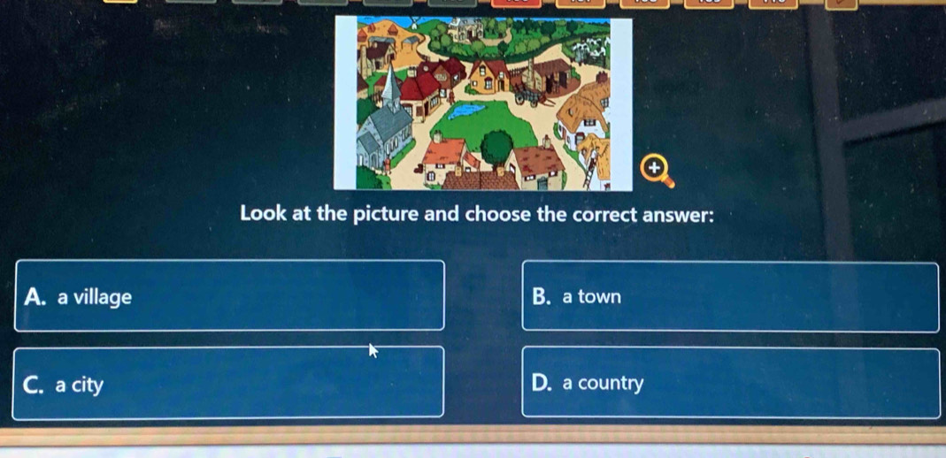 Look at the picture and choose the correct answer:
A. a village B. a town
C. a city D. a country