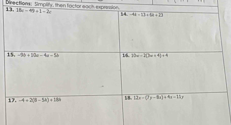 Directions: Simplify, then factor e