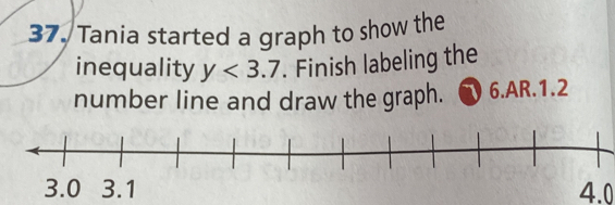 Tania started a graph to show the 
inequality y<3.7. Finish labeling the 
number line and draw the graph. 6.AR. 1.2
3.0 3.1 4.0