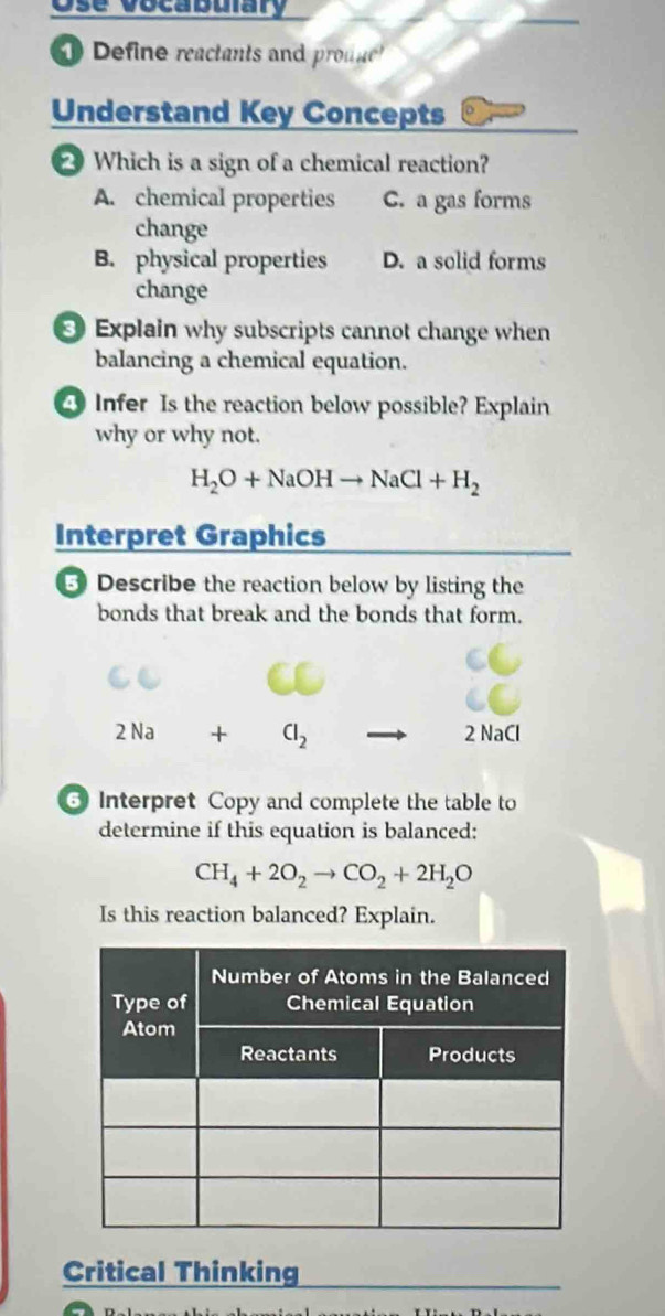 Ose vocabuiary
Define reactants and proue
Understand Key Concepts
Which is a sign of a chemical reaction?
A. chemical properties C. a gas forms
change
B. physical properties D. a solid forms
change
③ Explain why subscripts cannot change when
balancing a chemical equation.
4 Infer Is the reaction below possible? Explain
why or why not.
H_2O+NaOHto NaCl+H_2
Interpret Graphics
3 Describe the reaction below by listing the
bonds that break and the bonds that form.
2Na+Cl_2 2 NaCl
6 Interpret Copy and complete the table to
determine if this equation is balanced:
CH_4+2O_2to CO_2+2H_2O
Is this reaction balanced? Explain.
Critical Thinking_