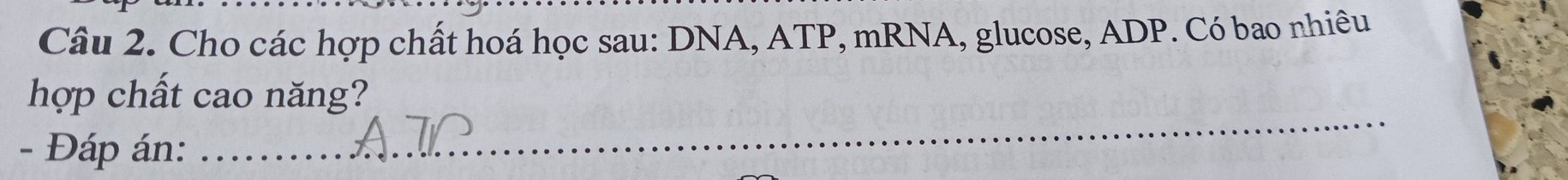 Cho các hợp chất hoá học sau: DNA, ATP, mRNA, glucose, ADP. Có bao nhiêu 
_ 
hợp chất cao năng? 
- Đáp án: