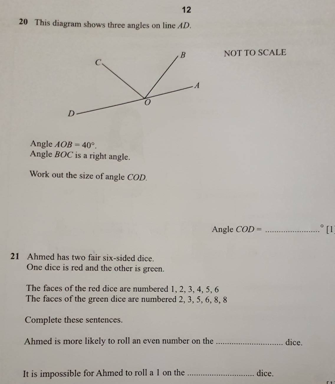 تم الحل:12 20 This diagram shows three angles on line AD. NOT TO SCALE ...