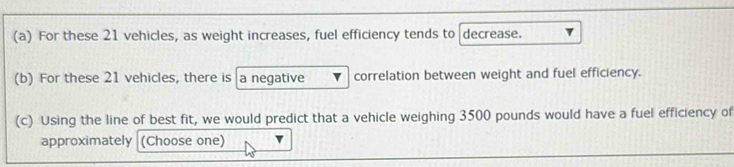 For these 21 vehicles, as weight increases, fuel efficiency tends to decrease. 
(b) For these 21 vehicles, there is a negative correlation between weight and fuel efficiency. 
(c) Using the line of best fit, we would predict that a vehicle weighing 3500 pounds would have a fuel efficiency of 
approximately (Choose one)