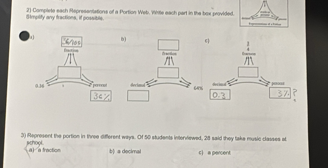 Complete each Representations of a Portion Web. Write each part in the box provided
SImplify any fractions, if possible.
3) Represent the portion in three different ways. Of 50 students interviewed, 28 said they take music classes at
school.
a) a fraction b) a decimal c) a percent