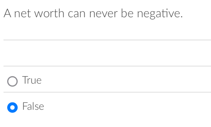 A net worth can never be negative.
True
False