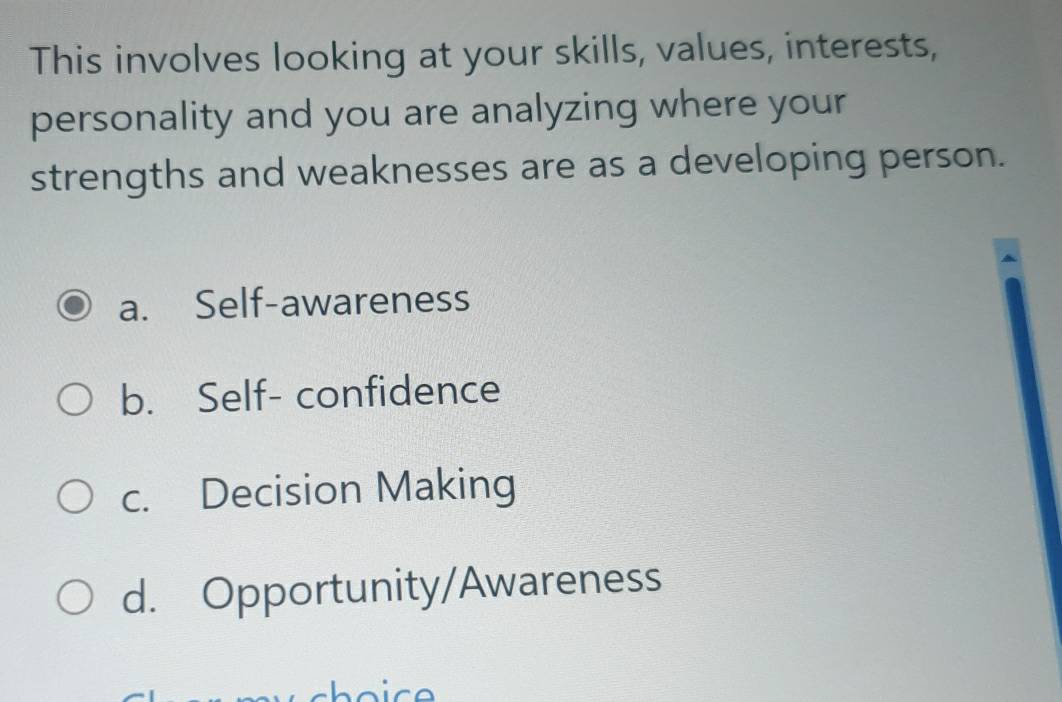 This involves looking at your skills, values, interests,
personality and you are analyzing where your
strengths and weaknesses are as a developing person.
a. Self-awareness
b. Self- confidence
c. Decision Making
d. Opportunity/Awareness