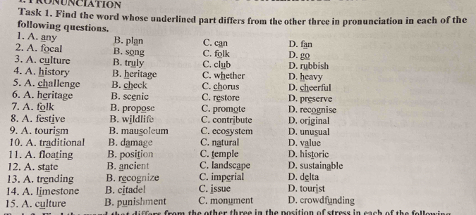 TRONUNCIATION
Task 1. Find the word whose underlined part differs from the other three in pronunciation in each of the
following questions.
1. A. any B. plan C. can D. fan
2. A. focal B. song C. folk D. go
3. A. cylture B. truly C. club D. rubbish
4. A. history B. heritage C. whether D. heavy
5. A. challenge B. check C. chorus D. cheerful
6. A. heritage B. scenic C. restore D. preserve
7. A. folk B. propose C. promote D. recognise
8. A. festive B. wildlife C. contribute D. original
9. A. tourism B. mausoleum C. ecosystem D. unusual
10. A. traditional B. damage C. natural D. value
11. A. floating B. position C. temple D. historic
12. A. state B. ancient C. landscape D. sustainable
13. A. trending B. recognize C. imperial D. delta
14. A. limestone B. citade! C. issue D. tourist
15. A. cylture B. punishment C. monument D. crowdfunding
difers from the other three in the position of stress in each of the fellewir