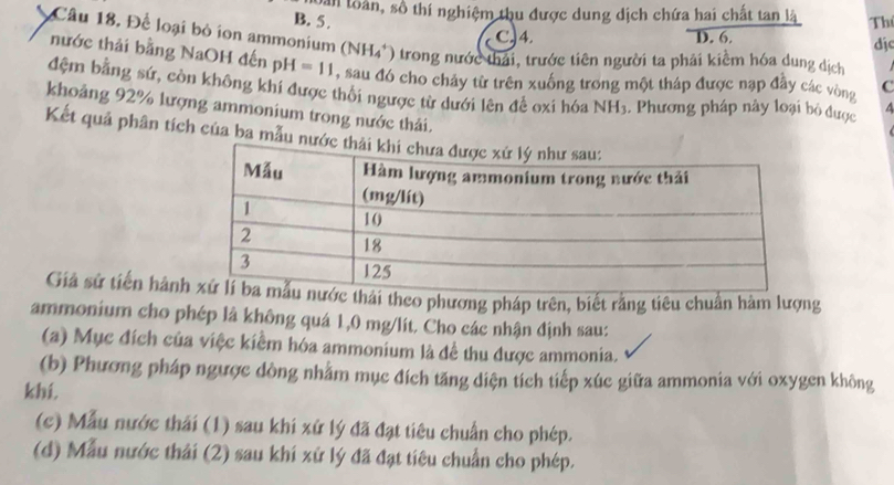 làn loàn, số thí nghiệm thu được dung dịch chứa hai chất tan là
B. 5. Th
C.) 4. D. 6. dịc
Câu 18. Để loại bỏ ion ammonium (NH_4^+) trong nước thải, trước tiên người ta phải kiểm hóa dung ịch
nước thải bằng NaOH đến p H=11 , sau đó cho chảy từ trên xuống trong một tháp được nạp đầy các vòng C
đệm bằng sứ, còn không khí được thổi ngược từ dưới lên để oxi hóa NH3. Phương pháp này loại bỏ được A
khoảng 92% lượng ammonium trong nước thái.
Kết quả phân tích của ba mẫu n
Giả sử tiến hànhái theo phương pháp trên, biết rằng tiêu chuẩn hàm lượng
ammonium cho phép là không quá 1,0 mg/lit. Cho các nhận định sau:
(a) Mục đích của việc kiểm hóa ammonium là để thu được ammonia.
(b) Phương pháp ngược dòng nhằm mục đích tăng diện tích tiếp xúc giữa ammonia với oxygen không
khí.
(c) Mẫu nước thái (1) sau khi xứ lý đã đạt tiêu chuẩn cho phép.
(d) Mẫu nước thải (2) sau khí xứ lý đã đạt tiêu chuẩn cho phép.