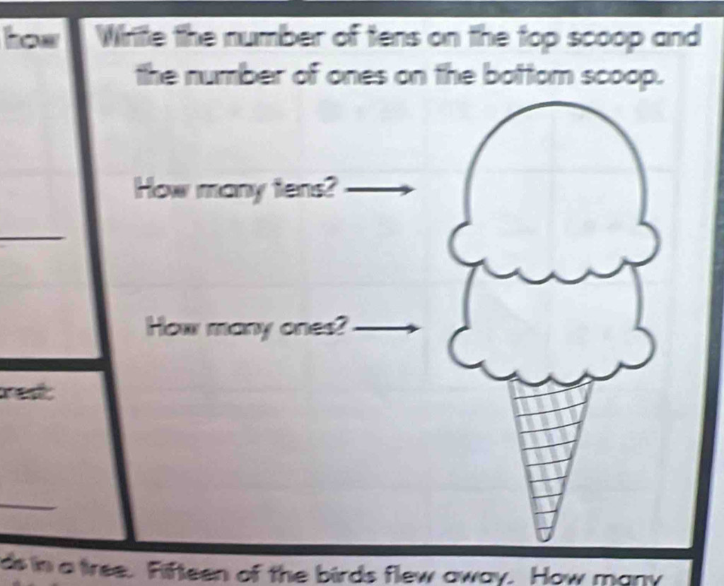 how Write the number of tens on the top scoop and 
the number of ones on the bottom scoop. 
How many tens? 
How many ones? 

ds in a tree. Fifteen of the birds flew away. How many