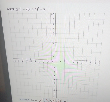 Graph g(x)=2(x+4)^2+3.
- 1 0
Clear All Draw: