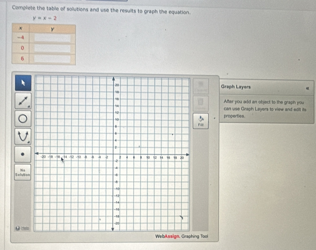 Complete the table of solutions and use the results to graph the equation.
y=x-2
Graph Layers 
After you add an object to the graph you 
can use Graph Layers to view and edit its 
properties. 
Fill 
No 
Selutio 
Lê Hein 
ng Tool