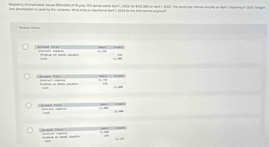 Mayberry, Incorporated, issued $100,000 of 10-year, 12% bonds dated April 1, 2022, for $102.360 on April 1, 2022. The bonds pay interest annually on April 1, beginning in 2020. Straight- 
line amortization is used by the company. What entry is required at April 1, 2023 for the first interest payment? 
Mulliple Choice 
Debit Credit 
Account Title 12 ,000
Interest expense 236
Premium on bonds payable 
Cash 12,236