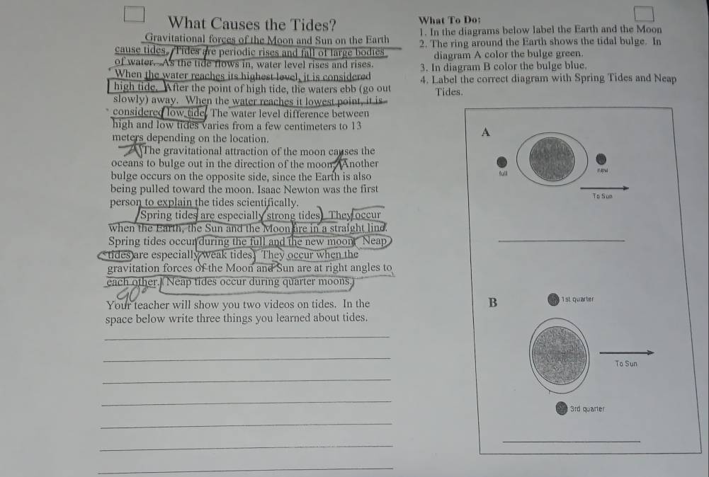 What Causes the Tides? What To Do; 
Gravitational forces of the Moon and Sun on the Earth 1. In the diagrams below label the Earth and the Moon 
cause tides. Tides are periodic rises and fall of large bodies 2. The ring around the Earth shows the tidal bulge. In 
diagram A color the bulge green. 
of water.--As the tide flows in, water level rises and rises. 3. In diagram B color the bulge blue. 
When the water reaches its highest lovel, it is considered 4. Label the correct diagram with Spring Tides and Neap 
high tide. After the point of high tide, the waters ebb (go out Tides. 
slowly) away. When the water reaches it lowest point, it is 
considered low tide. The water level difference between 
high and low tides varies from a few centimeters to 13
meters depending on the location. 
A 
The gravitational attraction of the moon causes the 
oceans to bulge out in the direction of the moon. Another 
bulge occurs on the opposite side, since the Earth is also full new 
being pulled toward the moon. Isaac Newton was the first 
person to explain the tides scientifically. Tn Sun 
Spring tides are especially strong tides. They occur 
when the Earth, the Sun and the Moonare in a straight lind. 
Spring tides occun during the full and the new moon Neap 
_ 
tides are especially weak tides. They occur when the 
gravitation forces of the Moon and Sun are at right angles to 
each other. Neap tides occur during quarter moons. 
Your teacher will show you two videos on tides. In the B 1st quarter 
space below write three things you learned about tides. 
_ 
_ 
To Sun 
_ 
_ 
3rd quarter 
_ 
_ 
_ 
_