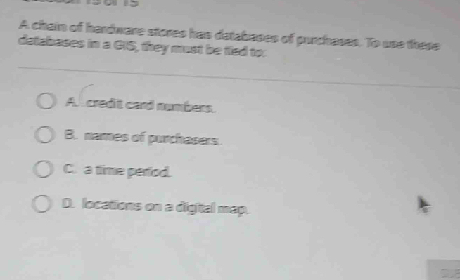 A chain of hardware stores has databases of purchases. To use these
databases in a GIS, they must be tied to:
A credit card numbers.
B. names of purchasers.
C. a time period.
D. locations on a digital map.