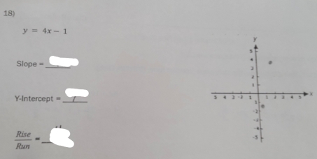 y=4x-1
Slope =_ 
X 
===-Intercept === _
 Rise/Run =