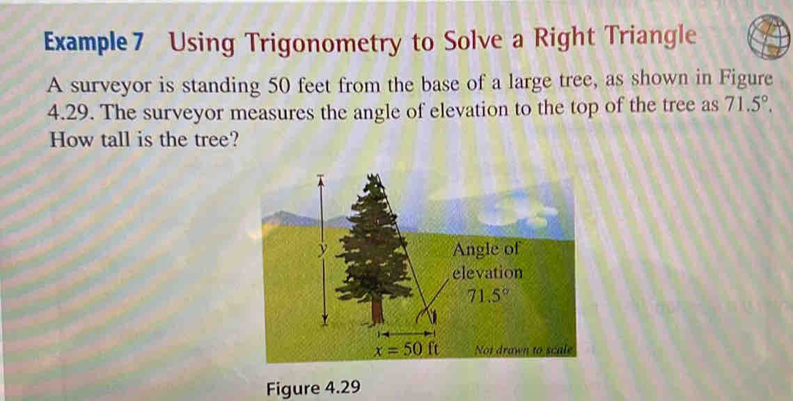 Example 7 Using Trigonometry to Solve a Right Triangle
A surveyor is standing 50 feet from the base of a large tree, as shown in Figure
4.29. The surveyor measures the angle of elevation to the top of the tree as 71.5°.
How tall is the tree?
Figure 4.29