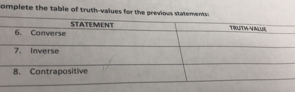 omplete the table of truth-values for the