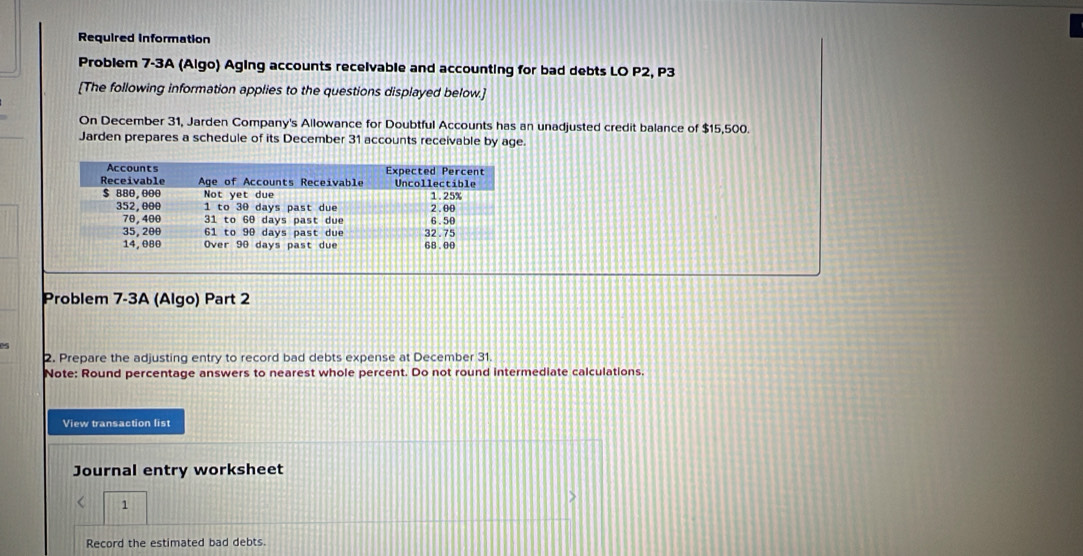 Required information 
Problem 7-3A (Algo) Aging accounts receivable and accounting for bad debts LO P2, P3
[The following information applies to the questions displayed below.] 
On December 31, Jarden Company's Allowance for Doubtful Accounts has an unadjusted credit balance of $15,500. 
Jarden prepares a schedule of its December 31 accounts receivable by age. 
Problem 7-3A (Algo) Part 2 

2. Prepare the adjusting entry to record bad debts expense at December 31. 
Note: Round percentage answers to nearest whole percent. Do not round intermediate calculations. 
View transaction list 
Journal entry worksheet 
< 1 
Record the estimated bad debts.