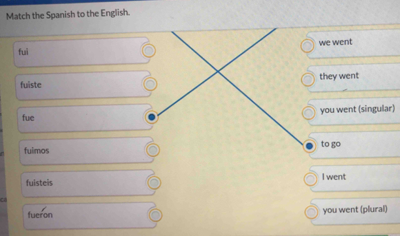 Match the Spanish to the English.
fui we went
fuiste they went
fue you went (singular)
fuimos to go
fuisteis I went
ca
fueron you went (plural)