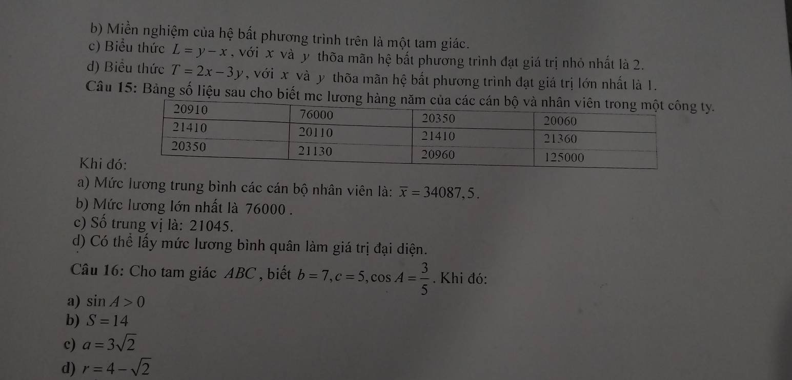 b) Miền nghiệm của hệ bất phương trình trên là một tam giác.
c) Biểu thức L=y-x , với x và y thõa mãn hệ bắt phương trình đạt giá trị nhỏ nhất là 2.
d) Biểu thức T=2x-3y , với x và y thõa mãn hệ bất phương trình đạt giá trị lớn nhất là 1.
Câu 15: Bảng số liệu sau cho biết mc lương hà ty.
Khi đó
a) Mức lương trung bình các cán bộ nhân viên là: overline x=34087,5. 
b) Mức lương lớn nhất là 76000.
c) Số trung vị là: 21045.
d) Có thể lấy mức lương bình quân làm giá trị đại diện.
Câu 16: Cho tam giác ABC , biết b=7, c=5, cos A= 3/5 . Khi đó:
a) sin A>0
b) S=14
c) a=3sqrt(2)
d) r=4-sqrt(2)