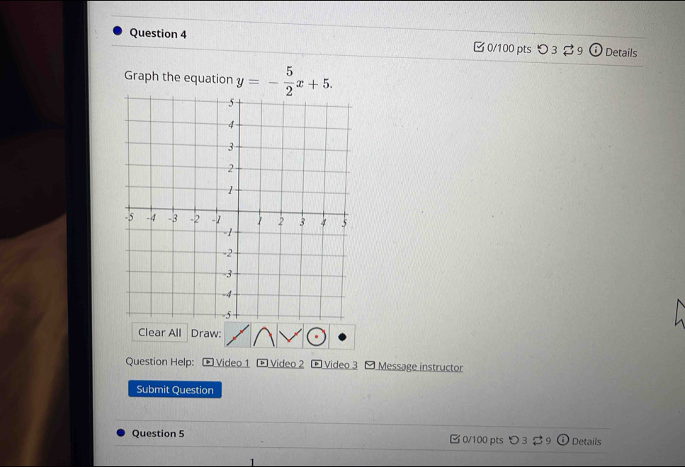 つ 3 89 Details 
Graph the equation y=- 5/2 x+5. 
Clear All Draw: 
Question Help: Video 1 Video 2 Video 3 Message instructor 
Submit Question 
Question 5 0/100 pts Details