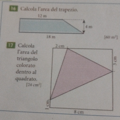 Calcola l'area del trapezio.
[60m^2]
Calcola 
l'area del 
triangolo 
colorato 
dentro al 
quadrato.
[24cm^2]