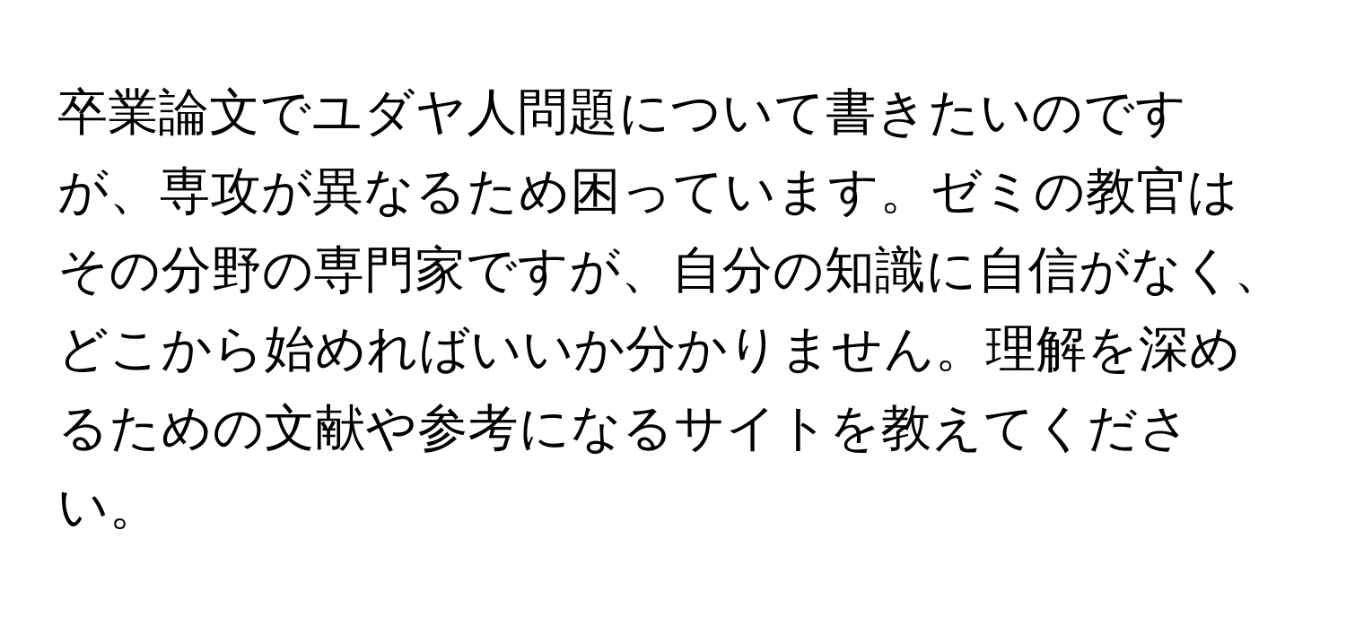 卒業論文でユダヤ人問題について書きたいのですが、専攻が異なるため困っています。ゼミの教官はその分野の専門家ですが、自分の知識に自信がなく、どこから始めればいいか分かりません。理解を深めるための文献や参考になるサイトを教えてください。