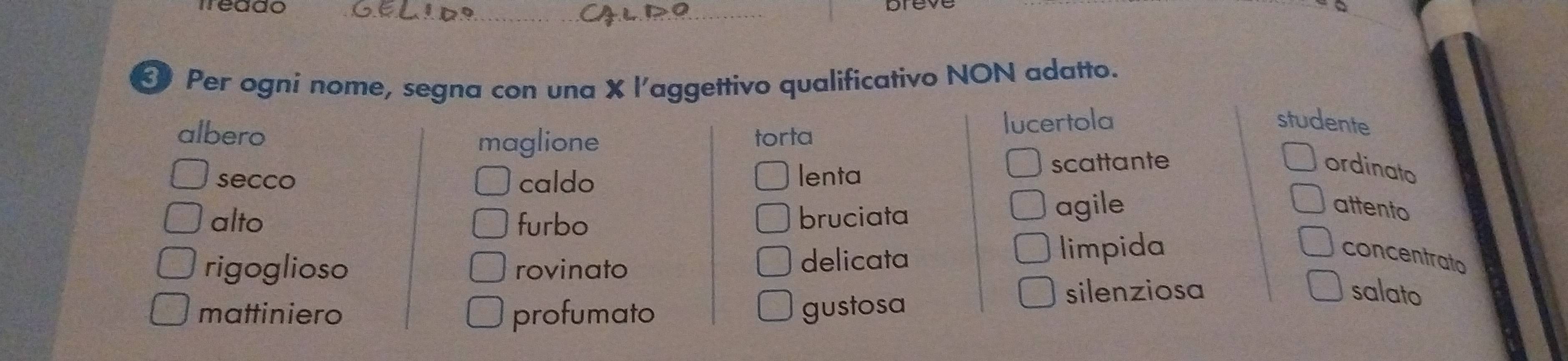 neddo
_
_
Per ogni nome, segna con una X l'aggettivo qualificativo NON adatto.
maglione lucertola
albero torta
studente
secco caldo lenta scattante ordinato
alto furbo bruciata
agile attento
rigoglioso rovinato delicata limpida
concentrato
mattiniero profumato gustosa
silenziosa salato