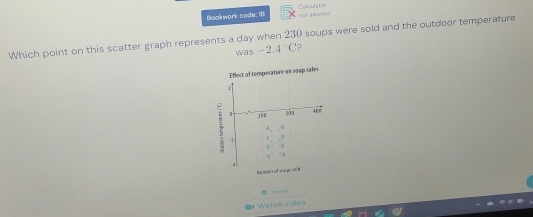 Bookwork code: 1B not a llowed Colculator 
Which point on this scatter graph represents a day when 230 soups were sold and the outdoor temperature 
was -2.4°C
Eflect of temperature on soup sales
1
1 200 300 40
A_ B
-1 C_x^o
z=-1
5^(x-h)
4
ta mber of sowg sueld 
0 7aºm 
Watch video