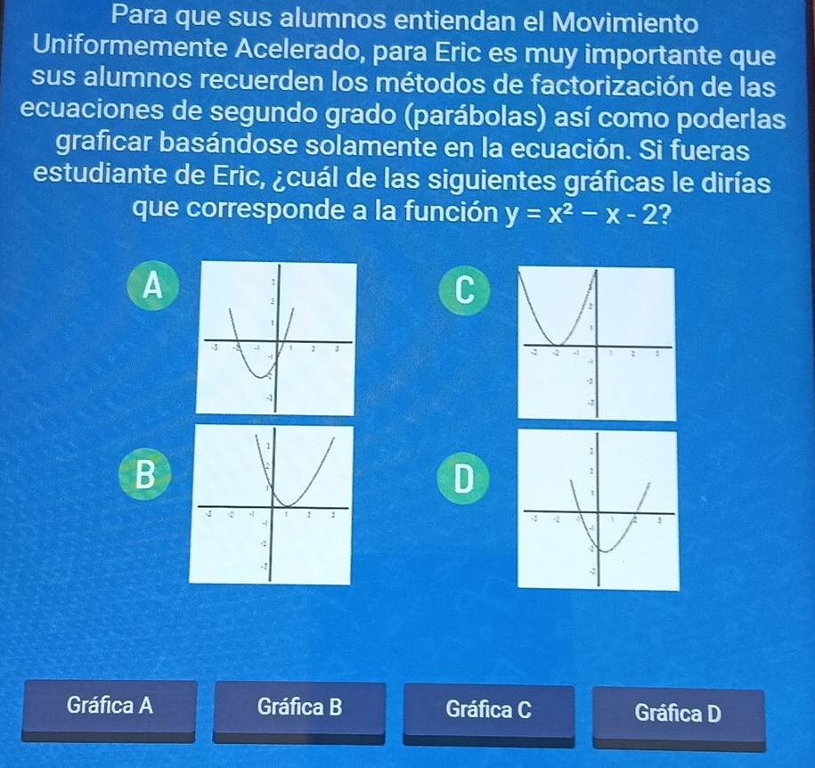 Para que sus alumnos entiendan el Movimiento
Uniformemente Acelerado, para Eric es muy importante que
sus alumnos recuerden los métodos de factorización de las
ecuaciones de segundo grado (parábolas) así como poderlas
graficar basándose solamente en la ecuación. Si fueras
estudiante de Eric, ¿cuál de las siguientes gráficas le dirías
que corresponde a la función y=x^2-x-2 ?
A

B
D
Gráfica A Gráfica B Gráfica C Gráfica D