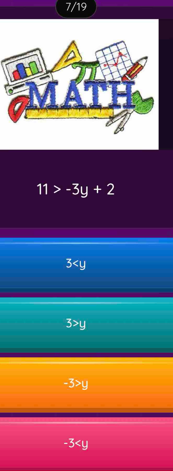 7/19
11>-3y+2
3
3>y
-3>y
-3