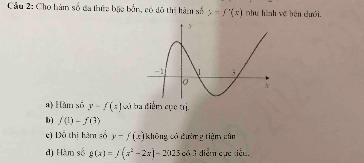 Cho hàm số đa thức bậc bốn, có đồ thị hàm số y=f'(x) như hình vẽ bên dưới.
a) Hàm số y=f(x) có ba điểm cực trị.
b) f(1)=f(3)
c) Đồ thị hàm số y=f(x) không có đường tiệm cận
d) Hàm số g(x)=f(x^2-2x)+2025 có 3 điểm cực tiểu.