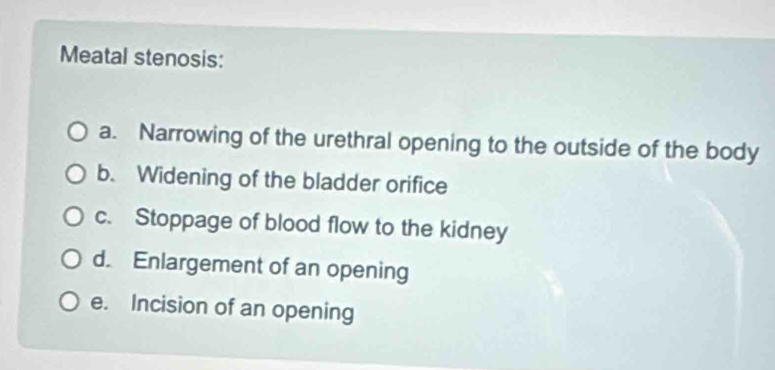 Solved: Meatal stenosis: a. Narrowing of the urethral opening to the ...
