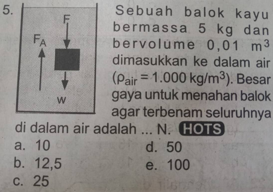 Sebuah balok kayu
bermassa 5 kg dan
bervolúme 0,01m^3
dimasukkan ke dalam air
(rho _air=1.000kg/m^3). Besar
gaya untuk menahan balok
agar terbenam seluruhnya
di dalam air adalah ... N. HOTS
a. 10 d. 50
b. 12,5 e. 100
c. 25