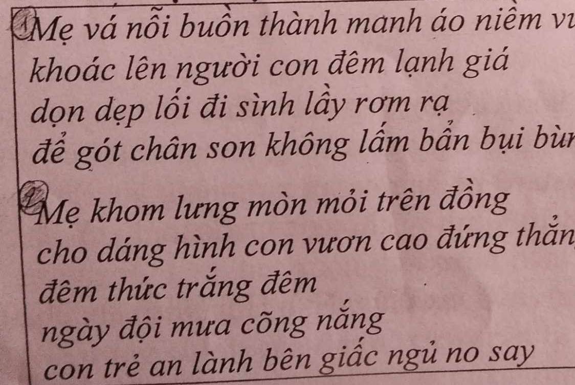 Mẹ vá nổi buồn thành manh áo niêm vi 
khoác lên người con đêm lạnh giá 
dọn dẹp lối đi sình lầy rơm rạ 
để gót chân son không lấm bẩn bụi bùn 
Mẹ khom lưng mòn mỏi trên đồng 
cho dáng hình con vươn cao đứng thắn 
đêm thức trắng đêm 
ngày đội mưa cõng nắng 
con trẻ an lành bên giấc ngủ no say