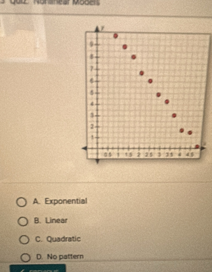 Quu. Nonsnear Modess
A. Exponential
B. Linear
C. Quadratic
D. No pattern