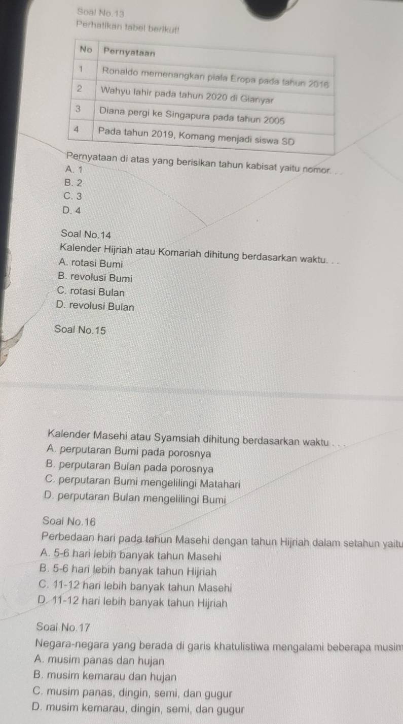 Soal No.13
Perhatikan tabel berikut!
atas yang berisikan tahun kabisat yaitu nomor. .
A. 1
B. 2
C. 3
D. 4
Soal No. 14
Kalender Hijriah atau Komariah dihitung berdasarkan waktu. . .
A. rotasi Bumi
B. revolusi Bumi
C. rotasi Bulan
D. revolusi Bulan
Soal No. 15
Kalender Masehi atau Syamsiah dihitung berdasarkan waktu . . .
A. perputaran Bumi pada porosnya
B. perputaran Bulan pada porosnya
C. perputaran Bumi mengelilingi Matahari
D. perputaran Bulan mengelilingi Bumi
Soal No. 16
Perbedaan hari pada tahun Masehi dengan tahun Hijriah dalam setahun yaitu
A. 5-6 hari lebih banyak tahun Masehi
B. 5-6 hari lebih banyak tahun Hijriah
C. 11-12 hari lebih banyak tahun Masehi
D. 11-12 hari lebih banyak tahun Hijriah
Soal No 17
Negara-negara yang berada di garis khatulistiwa mengalami beberapa musim
A. musim panas dan hujan
B. musim kemarau dan hujan
C. musim panas, dingin, semi, dan gugur
D. musim kemarau, dingin, semi, dan gugur