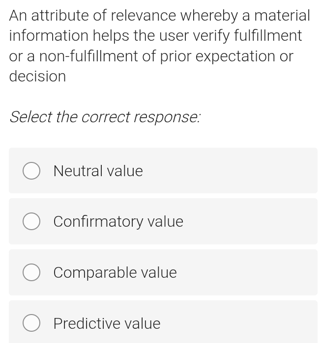 An attribute of relevance whereby a material
information helps the user verify fulfillment
or a non-fulfillment of prior expectation or
decision
Select the correct response:
Neutral value
Confirmatory value
Comparable value
Predictive value