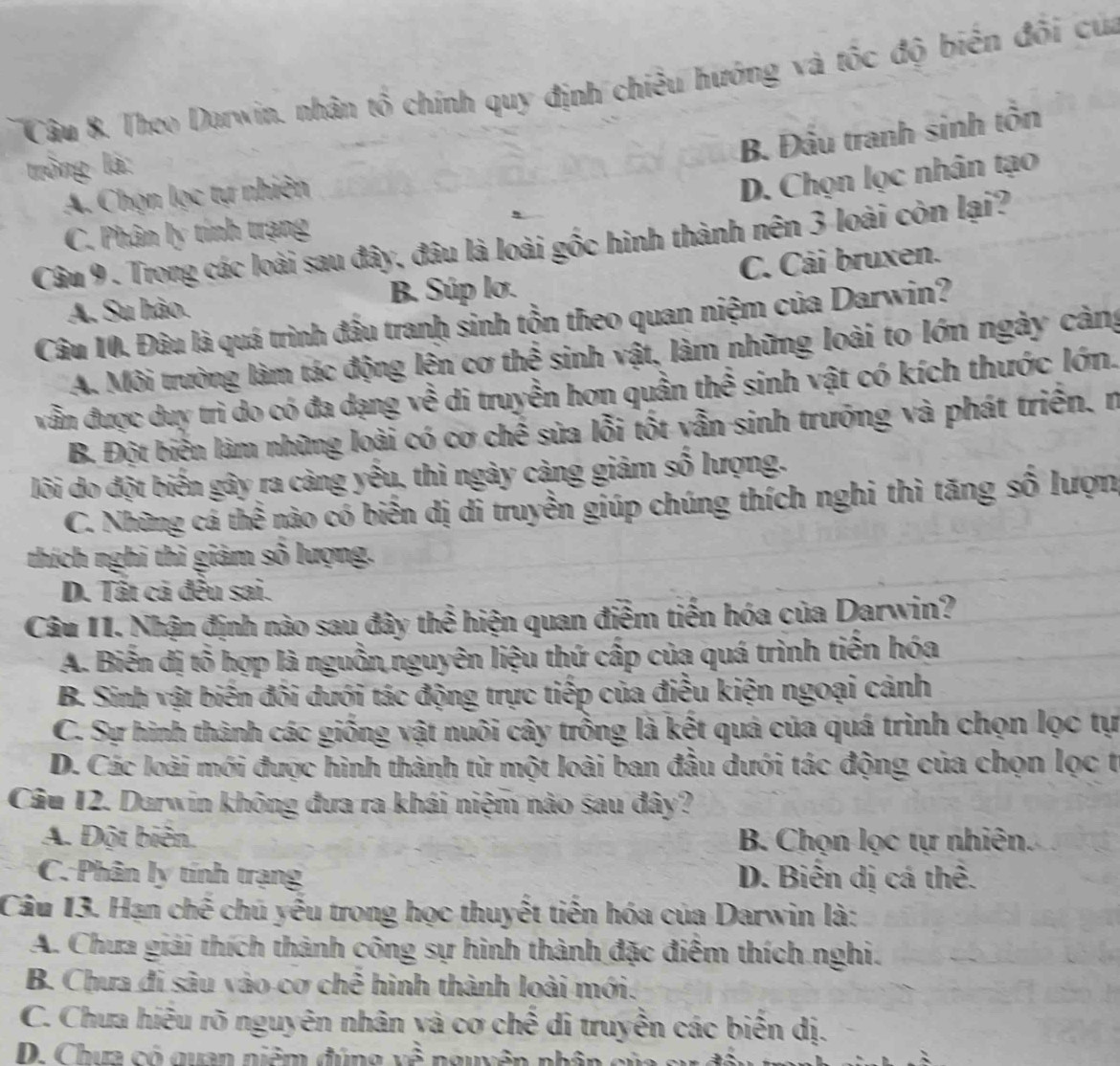 Theo Darwin. nhân tổ chính quy định chiều hướng và tốc độ biến đối của
B. Đầu tranh sinh tôn
trồng là:
A. Chọn lọc tự nhiên
D. Chọn lọc nhân tạo
C. Phân ly tính trạng
Câu 9 . Trong các loài sau đây, đâu là loài gốc hình thành nên 3 loài còn lại?
A. Su hào. B. Súp lơ. C. Cái bruxen.
Câu 10. Đâu là quá trình đầu tranh sinh tồn theo quan niệm của Darwin?
A. Môi trường làm tác động lện cơ thể sinh vật, làm những loài to lớn ngày cảng
vẫn được duy trì do có đa dạng về di truyền hơn quần thể sinh vật có kích thước lớn.
B. Đột biến làm những loài có cơ chế sửa lỗi tốt vẫn sinh trưởng và phát triển. n
lôi do đột biến gây ra càng yếu, thì ngày càng giảm số lượng.
C. Những cá thể nào có biển dị di truyền giúp chúng thích nghi thì tăng số lượn
thích nghi thì giảm số lượng.
D. Tất cả đều sai.
Câu 11. Nhận định nào sau đây thể hiện quan điễm tiến hóa của Darwin?
A. Biến đị tổ hợp là nguồn nguyên liệu thứ cấp của quá trình tiến hóa
B. Sinh vật biến đối dưới tác động trực tiếp của điều kiện ngoại cảnh
C. Sự hình thành các giống vật nuôi cây trồng là kết quá của quá trình chọn lọc tự
D. Các loài mới được hình thành từ một loài ban đầu dưới tác động của chọn lọc t
Câu 12. Darwin không đưa ra khái niệm nào sau đây?
A. Đột biên. B. Chọn lọc tự nhiên.
C. Phân ly tính trạng D. Biến dị cá thê.
Câu 13. Hạn chế chú yếu trong học thuyết tiến hóa của Darwin là:
A. Chưa giải thích thành công sự hình thành đặc điểm thích nghi.
B. Chưa đi sâu vào cơ chế hình thành loài mới.
C. Chưa hiệu rõ nguyên nhân và cơ chế di truyền các biến dị.
D. Chưa có quan niêm đúng về nguyên nhâ