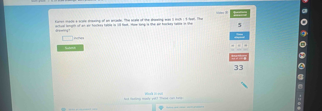 Video é Questions 
Karen made a scale drawing of an arcade. The scale of the drawing was 1 inch : 5 feet. The answered 
actual length of an air hockey table is 10 feet. How long is the air hockey table in the
5
drawing? 
inches elapsed Time 
00 02 00 
Submit 
SmartScore 
out of 100 1 
33 
Work it out 
Not feeling ready yet? These can help: 
Write an equivalent rot Ratios and rates: ward problems