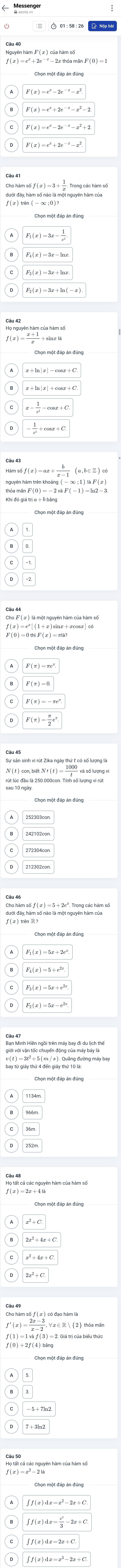 F(x)=e^x+2e^(-x)-x^2
: số f ( x ) = 3 +. Trong các hăm số
f ( x) tên ( 0ta l ột guyên hàm cở
F_1(x)=3x- 1/x^2 

Bastion
F(x)= π /2 e^x
N (4) cot S NY(7 1 s long
lút lúc đầu là 250,.000con. Tình số lượng vi rút
Ca đã hm có à là một ngyê hàm hàm
F_4(x)=5+e^(2x)
Có t cá các nguyên hàm của hàm só

N gàn ngyên hàm của hàm số