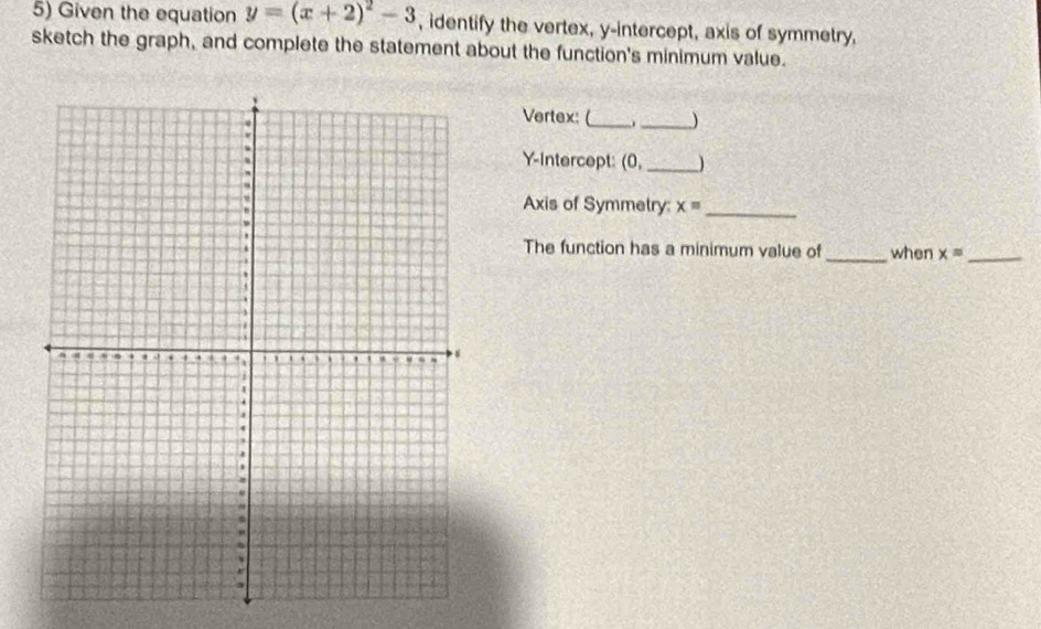 Given the equation y=(x+2)^2-3 , identify the vertex, y-intercept, axis of symmetry, 
sketch the graph, and complete the statement about the function's minimum value. 
Vertex: (_ _) 
Y-intercept: (0, _ )
Axis of Symmetry: x= _ 
The function has a minimum value of _when x= _