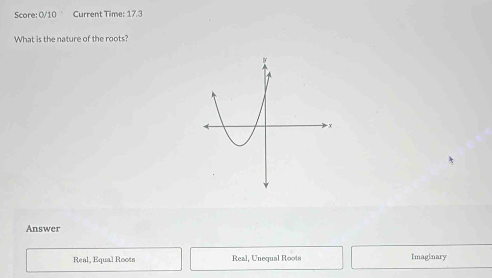 Score: 0/10 Current Time: 17.3 
What is the nature of the roots?
Answer
Real, Equal Roots Real, Unequal Roots Imaginary