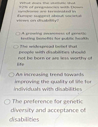 What does the statistic that
92% of pregnancies with Down
syndrome are terminated in
Europe suggest about societal
views on disability?
A growing awareness of genetic
testing benefts for public health
The widespread belief that
people with disabilities should
not be born or are less worthy of
life
An increasing trend towards
improving the quality of life for
individuals with disabilities
The preference for genetic
diversity and acceptance of
disabilities