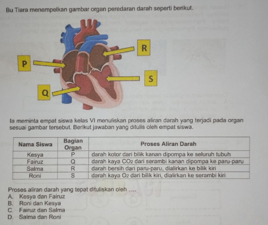 Bu Tiara menempelkan gambar organ peredaran darah seperti berikut.
Ia meminta empat siswa kelas VI menuliskan proses aliran darah yang terjadi pada organ
sesuai gambar tersebut. Berikut jawaban yang ditulis oleh empat siswa.
Proses aliran darah yang tepat dituliskan oleh ....
A. Kesya dan Fairuz
B. Roni dan Kesya
C. Fairuz dan Salma
D. Salma dan Roni