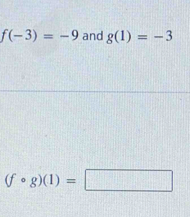 f(-3)=-9 and g(1)=-3
(fcirc g)(1)=□