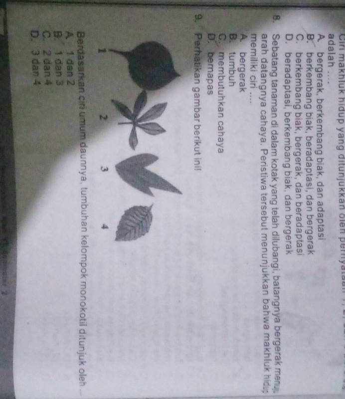 Ciri makhluk hidup yang ditunjukkan oien peryataa
adalah ....
A bergerak, berkembang biak, dan adaptasi
B. berkembang biak, beradaptasi, dan bergerak
C. berkembang biak, bergerak, dan beradaptasi
D. beradaptasi, berkembang biak, dan bergerak
8. Sebatang tanaman di dalam kotak yang telah dilubangi, batangnya bergerak men
arah datangnya cahaya. Peristiwa tersebut menunjukkan bahwa makhluk hidu
memiliki ciri ....
A. bergerak
B. tumbuh
C. membutuhkan cahaya
D. bernapas
9. Perhatikan gambar berikut ini!
Berdasarkan ciri umum daunnya, tumbuhan kelompok monokotil ditunjuk oleh
A 1 dan 2
B. 1 dan 3
C. 2 dan 4
D. 3 dan 4