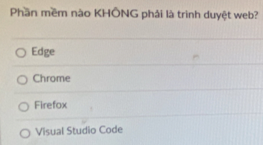 Phần mềm nào KHÔNG phải là trình duyệt web?
Edge
Chrome
Firefox
Visual Studio Code