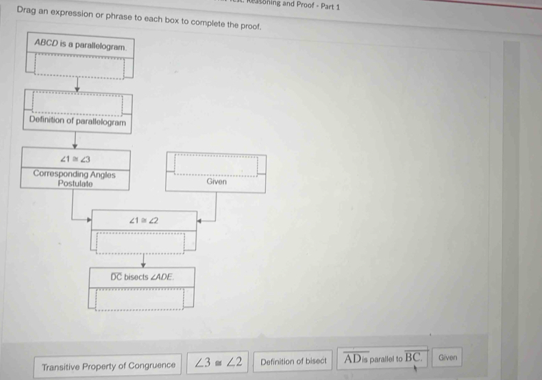 easoning and Proof - Part 1 
Drag an expression or phrase to each box to complete the proof.
ABCD is a parallelogram. 
Definition of parallelogram
∠ 1≌ ∠ 3
Corresponding Angles 
Postulate Given
∠ 1≌ ∠ 2
overline DC bisects ∠ ADE. 
Transitive Property of Congruence ∠ 3≌ ∠ 2 Definition of bisect overline ADis parallel to overline BC. Given